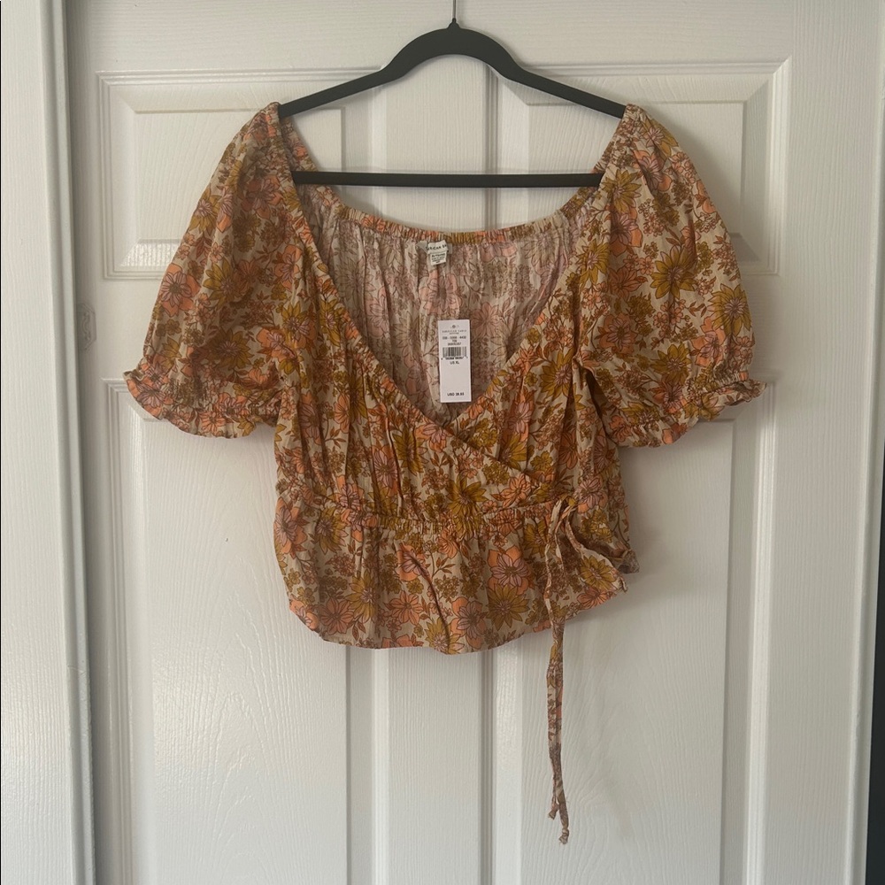 American Eagle Outfitters Floral Wrap Blouse - Orange and Pink